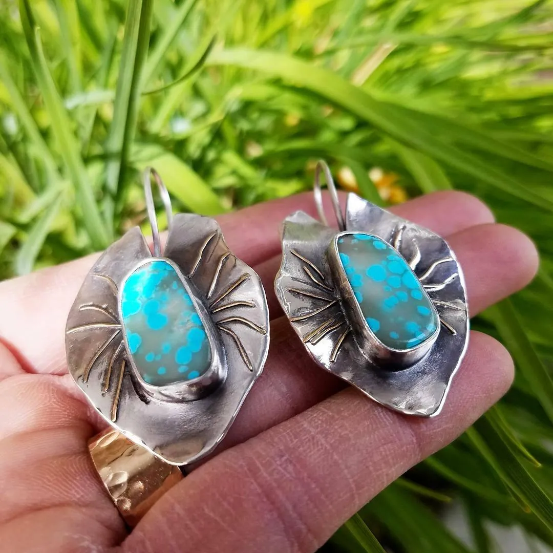 Turquoise Lilypad Leaf Earrings - Designer, Artisan Art, One of A Kind, Handmade Metalsmith Jewelry. Boho Cowgirl Style