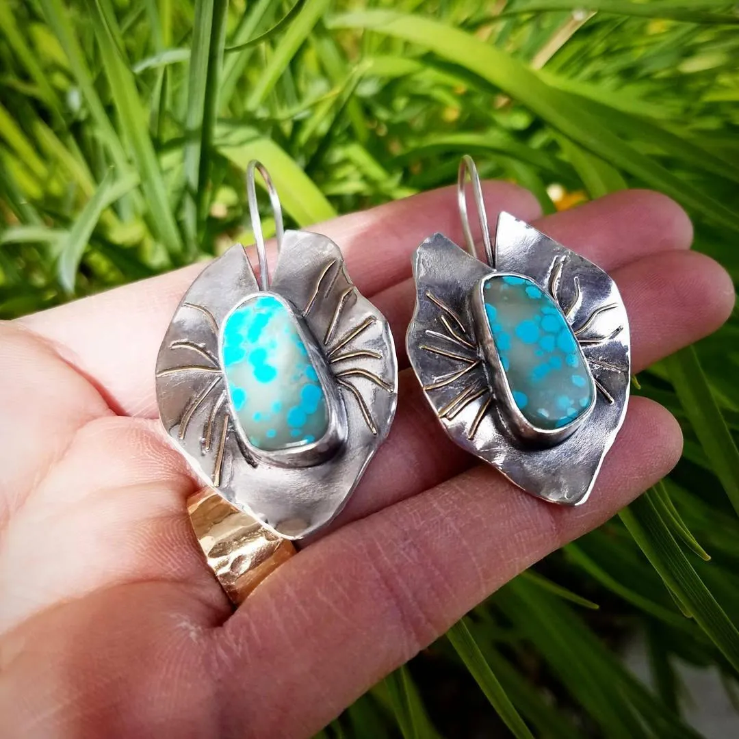 Turquoise Lilypad Leaf Earrings - Designer, Artisan Art, One of A Kind, Handmade Metalsmith Jewelry. Boho Cowgirl Style