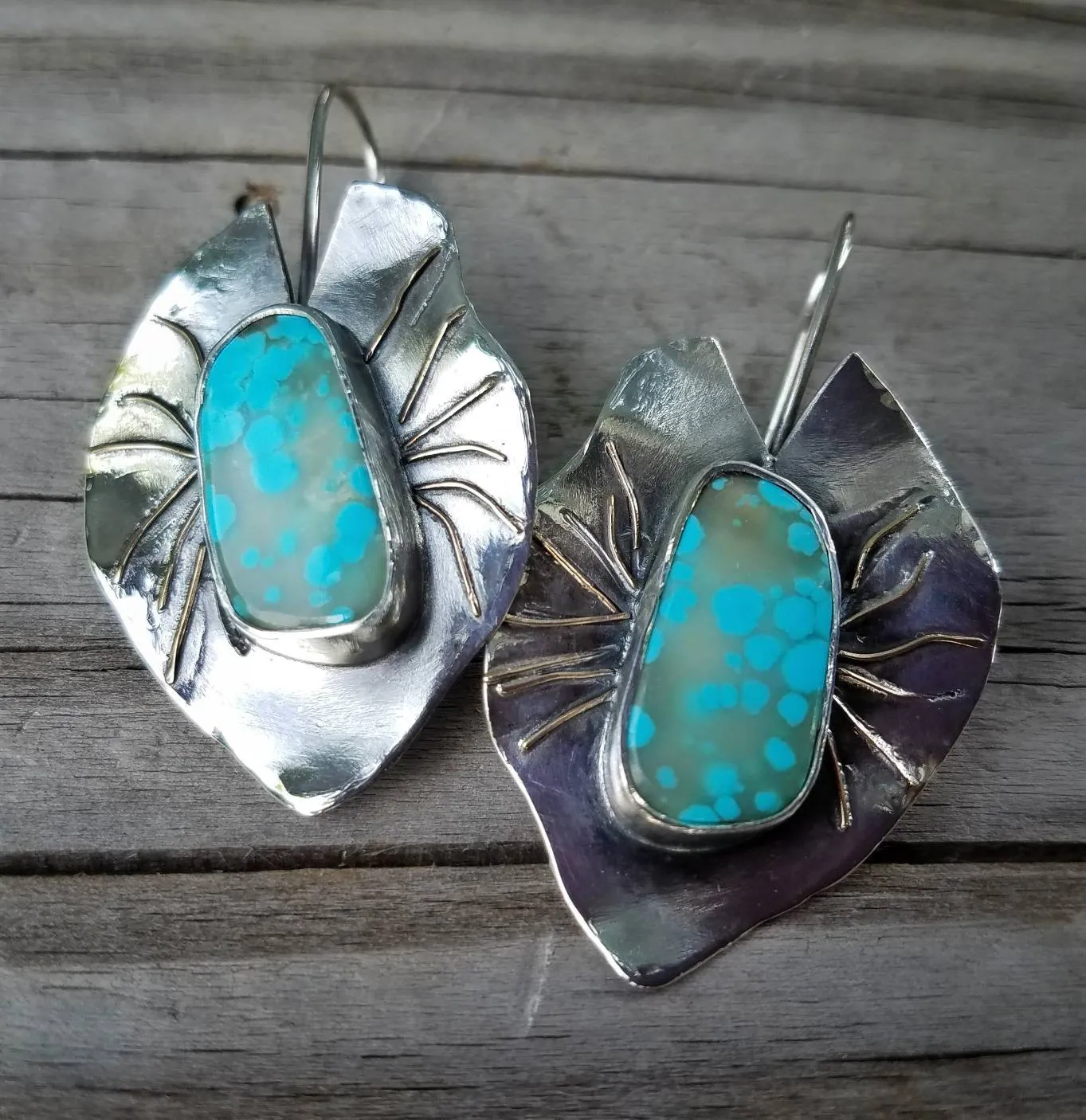 Turquoise Lilypad Leaf Earrings - Designer, Artisan Art, One of A Kind, Handmade Metalsmith Jewelry. Boho Cowgirl Style