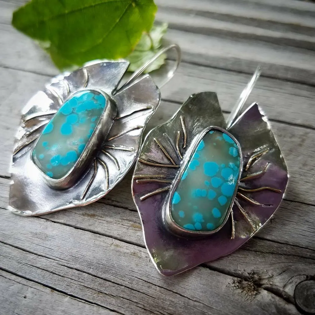 Turquoise Lilypad Leaf Earrings - Designer, Artisan Art, One of A Kind, Handmade Metalsmith Jewelry. Boho Cowgirl Style