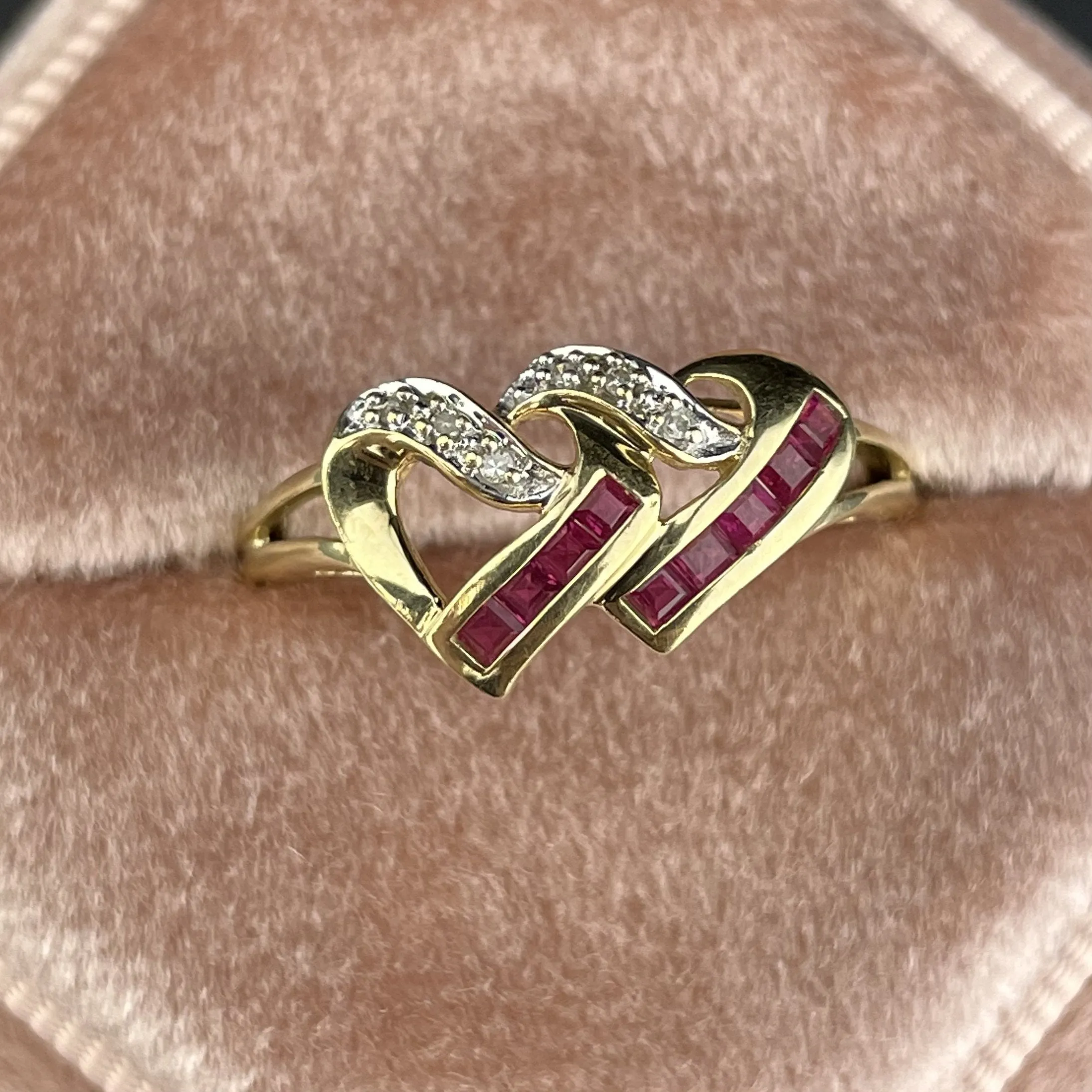 Vintage 10K Gold Channel Set Diamond Ruby Heart Ring, Sz 8