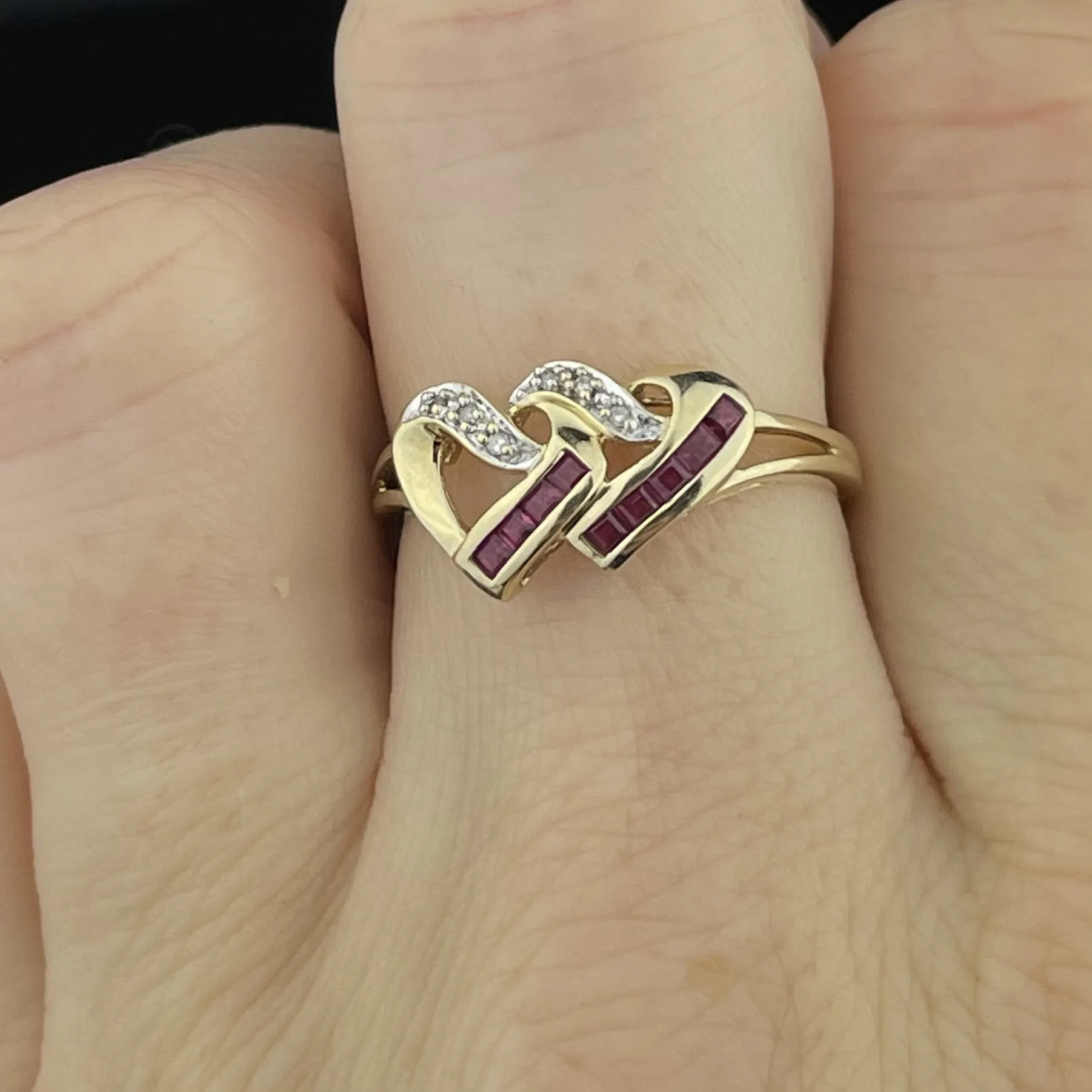 Vintage 10K Gold Channel Set Diamond Ruby Heart Ring, Sz 8