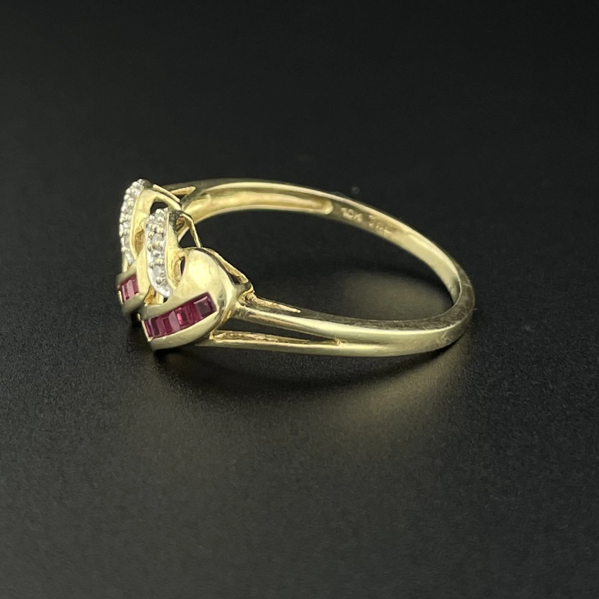 Vintage 10K Gold Channel Set Diamond Ruby Heart Ring, Sz 8