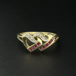 Vintage 10K Gold Channel Set Diamond Ruby Heart Ring, Sz 8