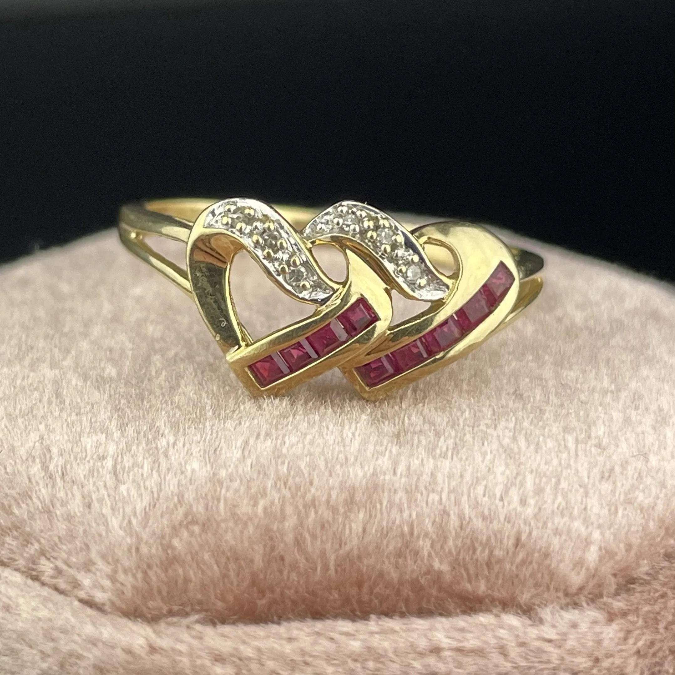 Vintage 10K Gold Channel Set Diamond Ruby Heart Ring, Sz 8