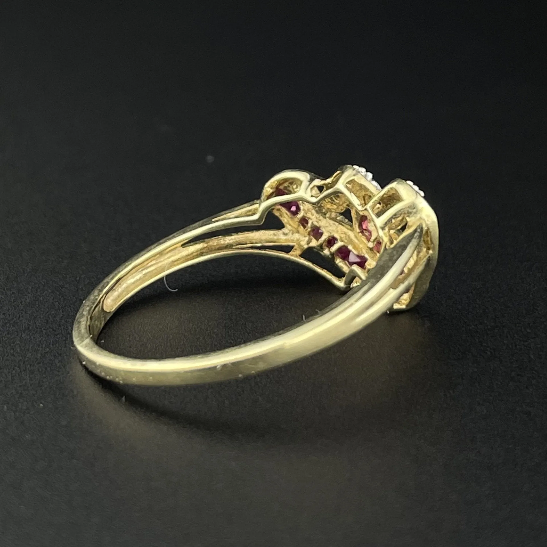 Vintage 10K Gold Channel Set Diamond Ruby Heart Ring, Sz 8