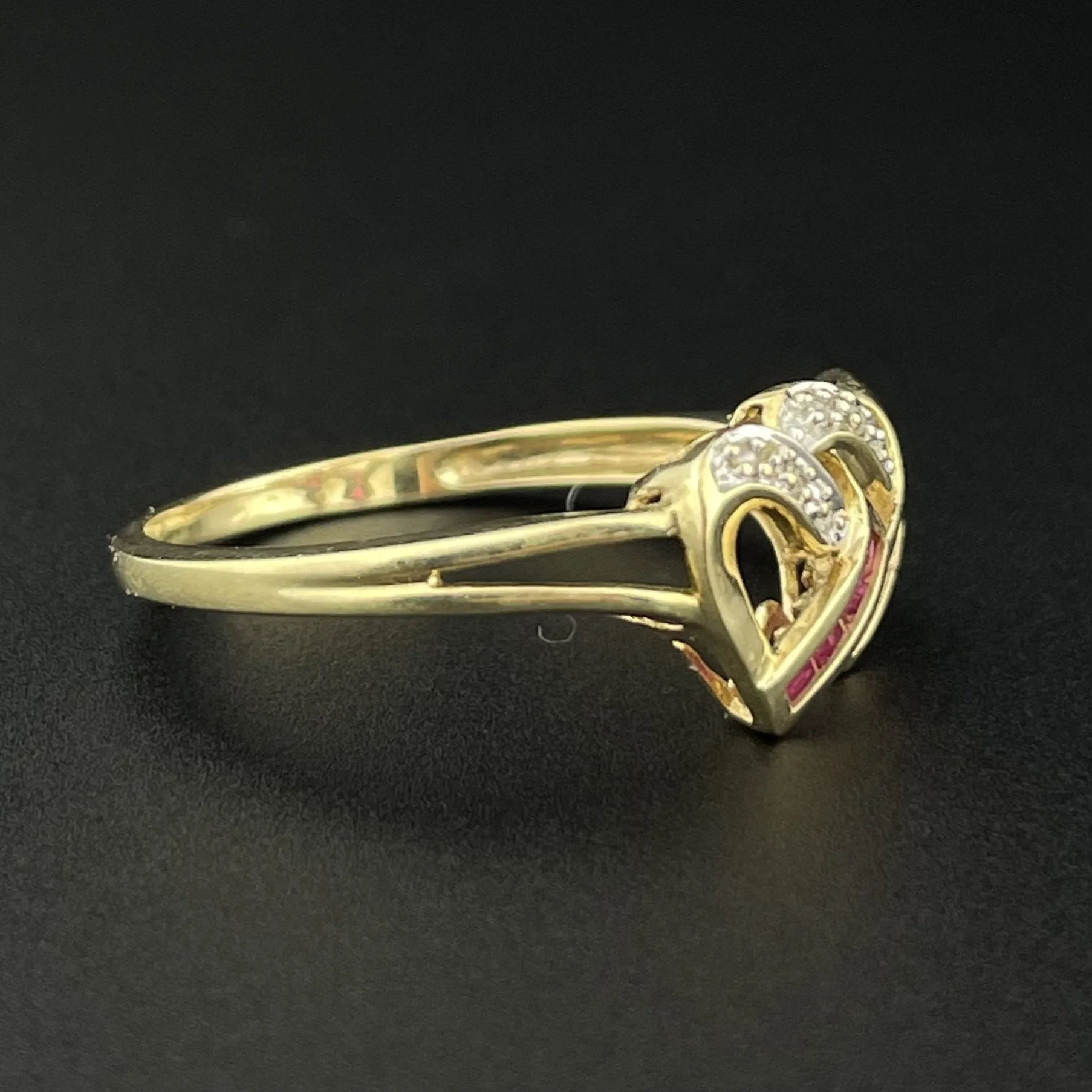 Vintage 10K Gold Channel Set Diamond Ruby Heart Ring, Sz 8