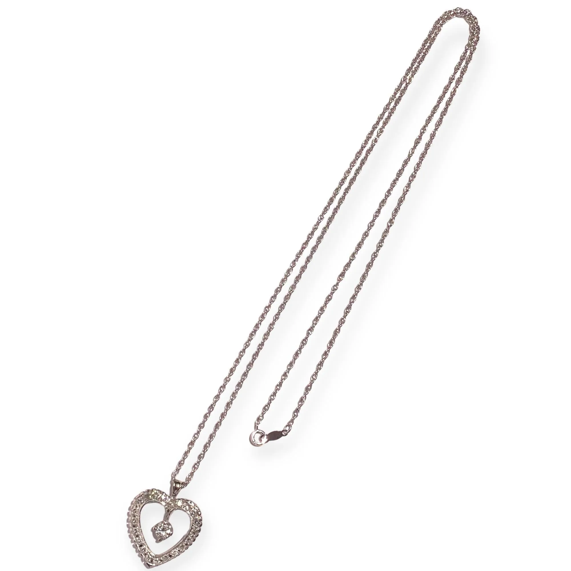 Vintage 14K White Gold Diamond Heart Pendant with Chain