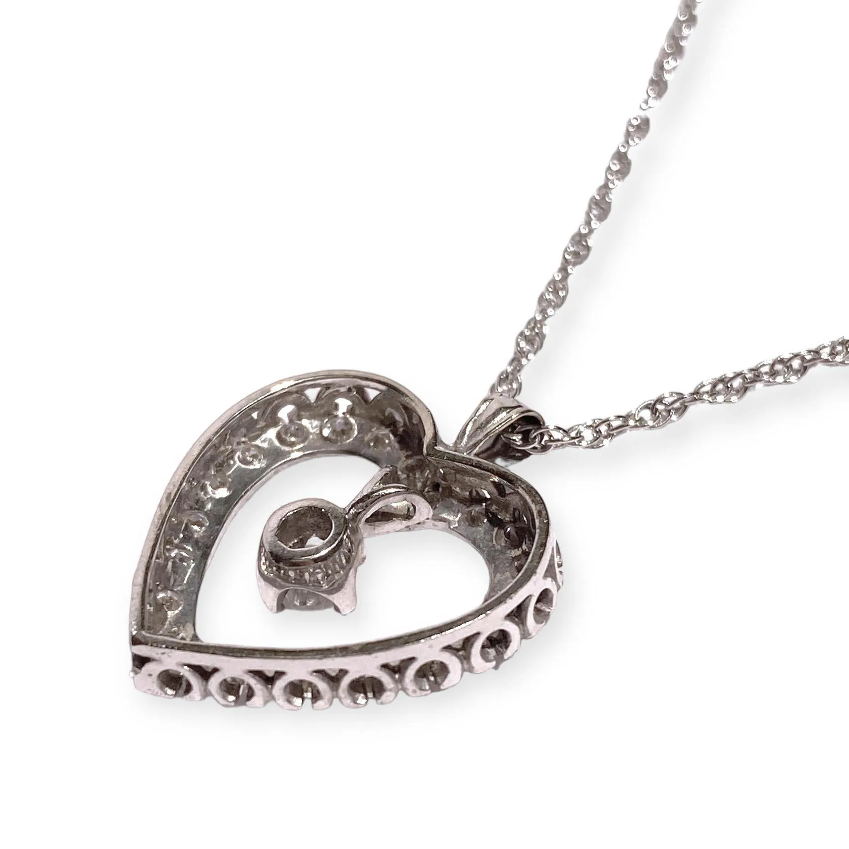 Vintage 14K White Gold Diamond Heart Pendant with Chain