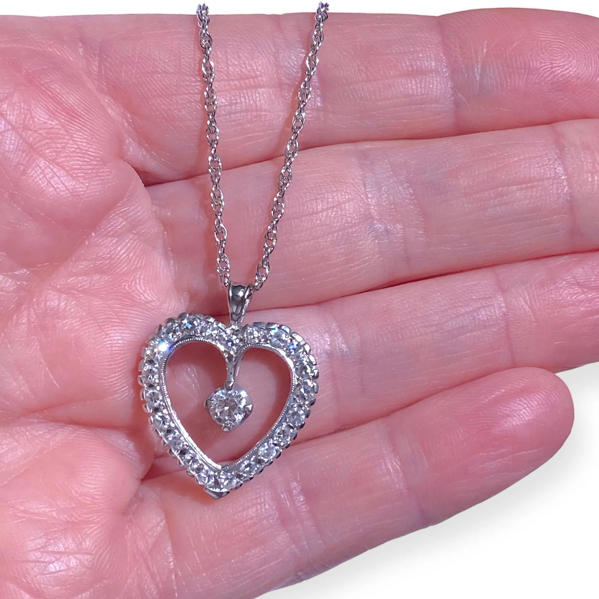 Vintage 14K White Gold Diamond Heart Pendant with Chain