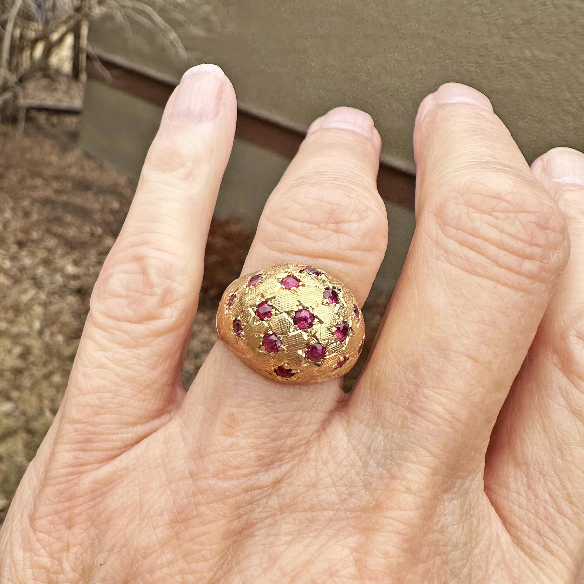 Vintage 18K Gold Bombe Ruby Dome Ring, Engraved Stars