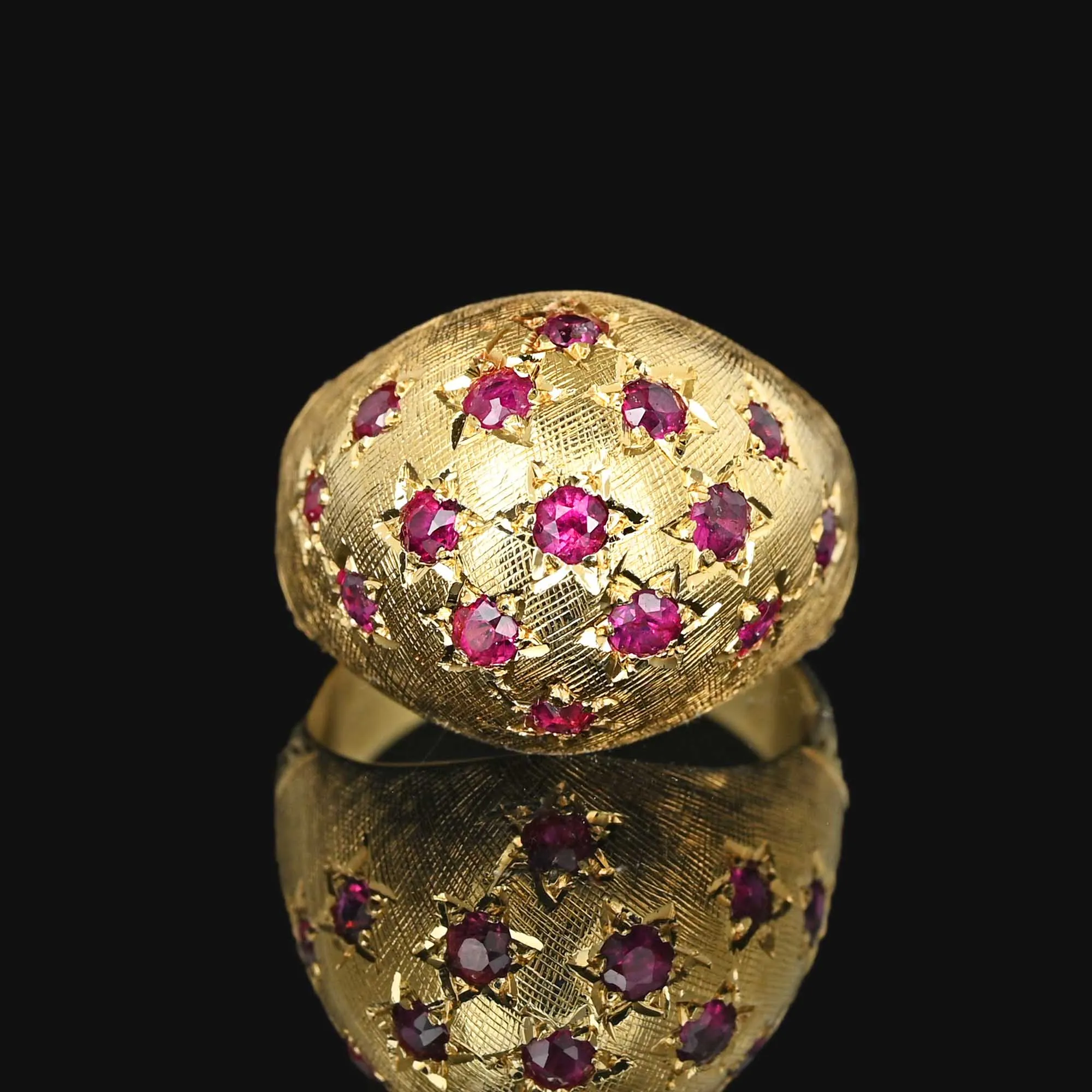 Vintage 18K Gold Bombe Ruby Dome Ring, Engraved Stars