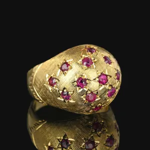 Vintage 18K Gold Bombe Ruby Dome Ring, Engraved Stars