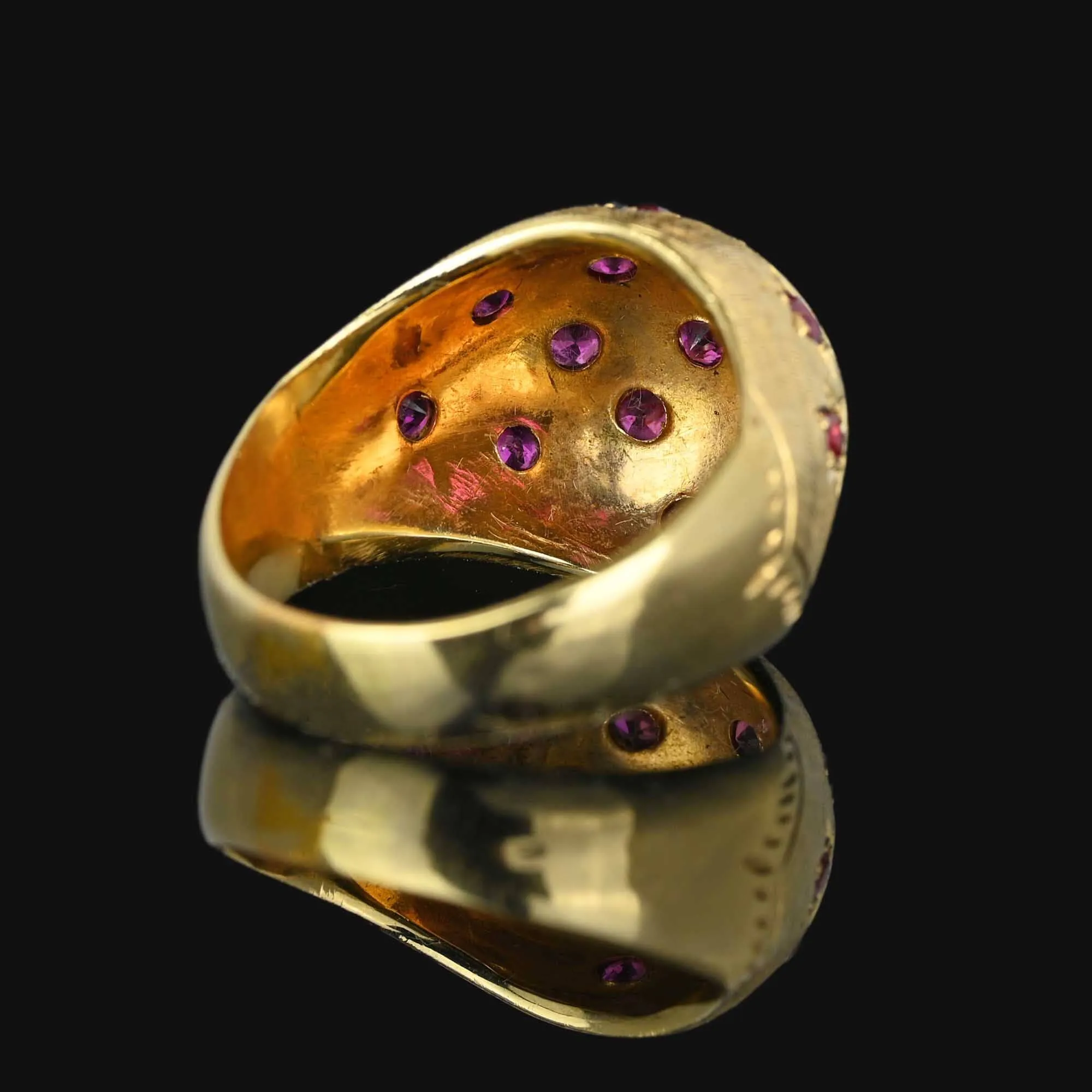 Vintage 18K Gold Bombe Ruby Dome Ring, Engraved Stars