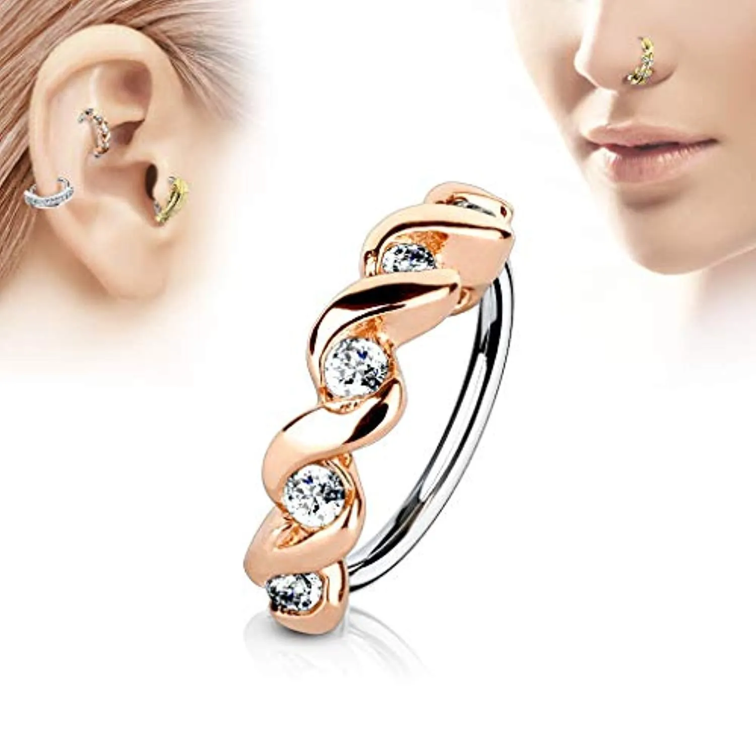 WildKlass CZ Set Twisted Half Circle Top 316L Surgical Steel Nose, Cartilage Hoop Rings