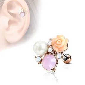 WildKlass Flower, Opalite Stones and Pearl Cluster Top 316L Surgical Steel Ear Cartilage Barbell Studs