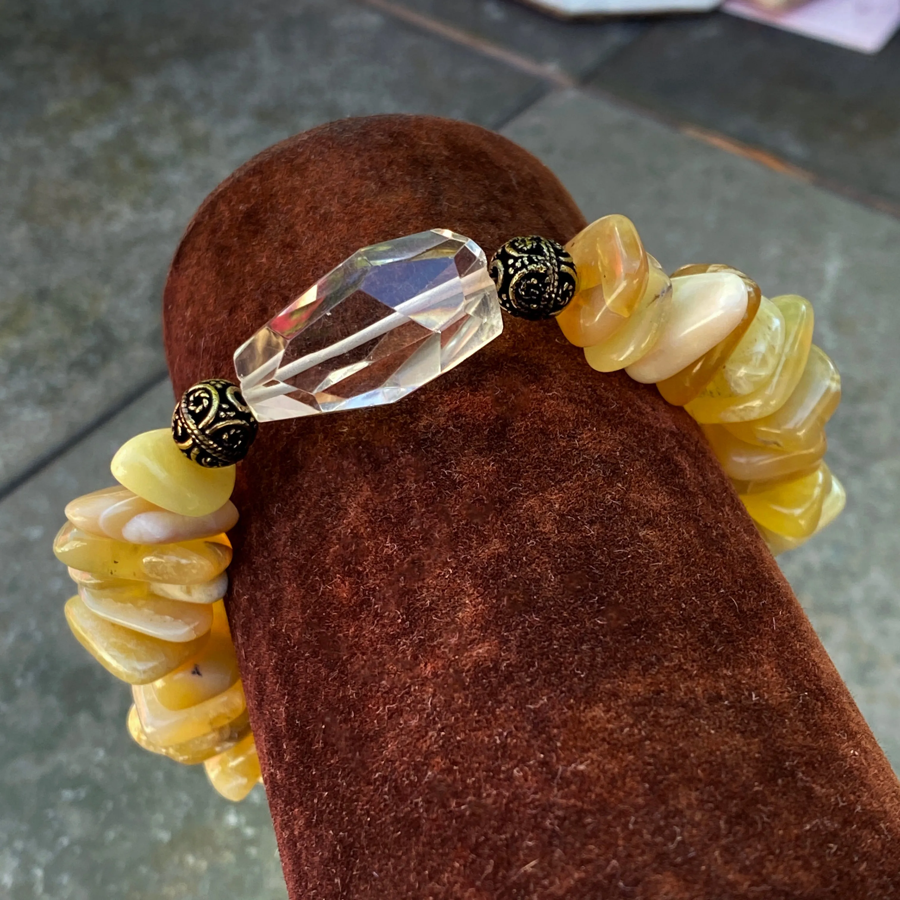 Yellow Opal and Lemon Quartz gemstones, and Brass Bracelet